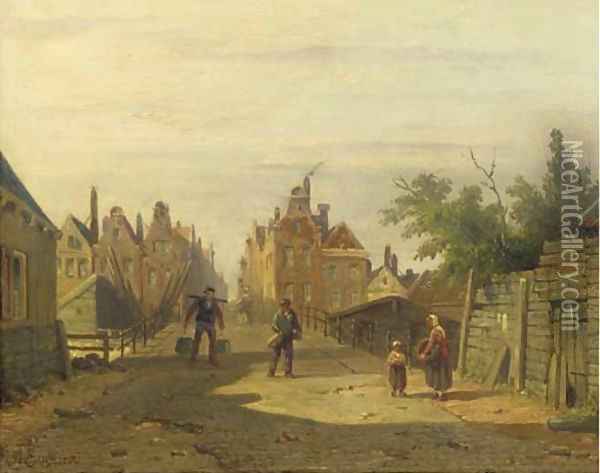 Figures on the bridge by the Bikkereiland, Amsterdam Oil Painting - Adrianus Eversen