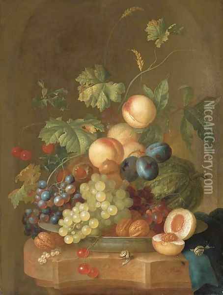 Grapes, cherries, plums, peaches, walnuts and a melon in a porcelain bowl Oil Painting - Johan Christian Roedig