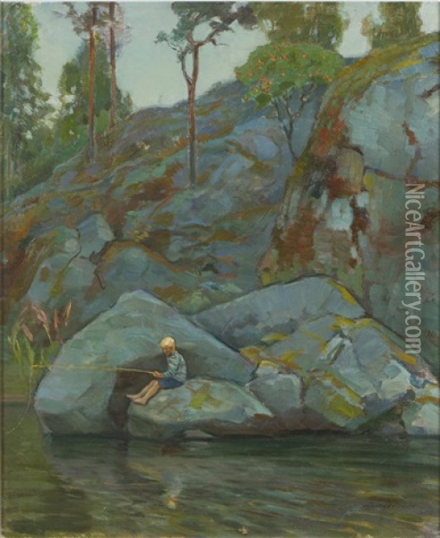 Fishing Oil Painting - Vaeinoe Haemaelaeinen