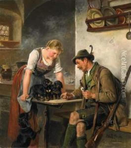 The Maid Presents Her Puppies Oil Painting - Adolf Eberle