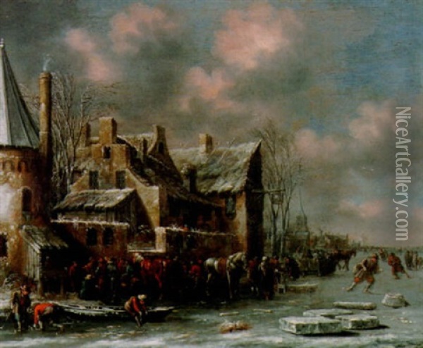 Vinterlandskap Med Byggnader Och Skridskoakare Oil Painting - Thomas Heeremans