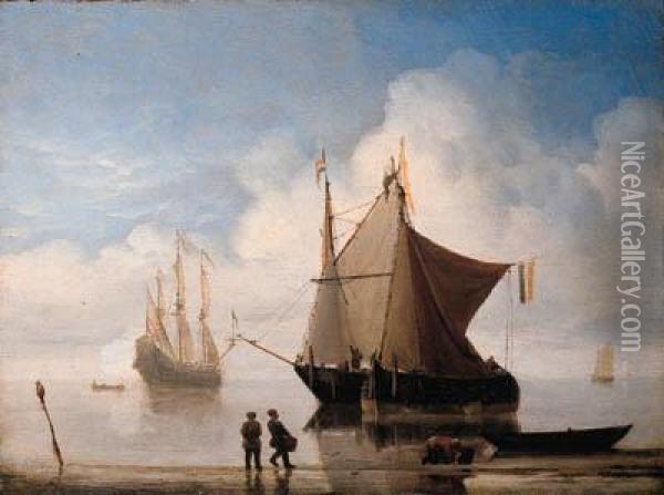 A States Yacht And Other Shipping Offshore In A Calm Oil Painting - Willem van de, the Elder Velde
