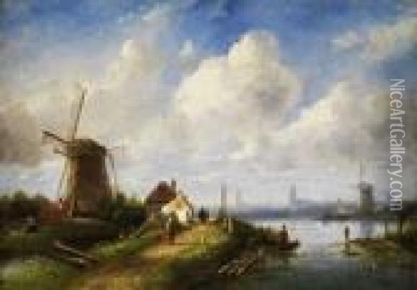 Sommerliche Flusslandschaft Mit Windmuhlen Oil Painting - Charles Henri Leickert