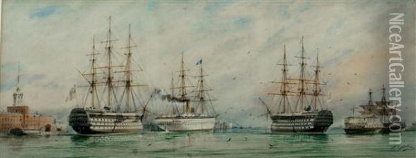 View At Portsmouth Showing H.m.s. Duke Of Wellington Oil Painting - William Edward Atkins