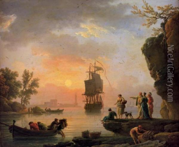 Retour De Peche Dans Un Port 
Mediterraneen Au Soleil Couchant, Un Groupe D'orientaux A Droite Cuivre Oil Painting - Claude-joseph Vernet