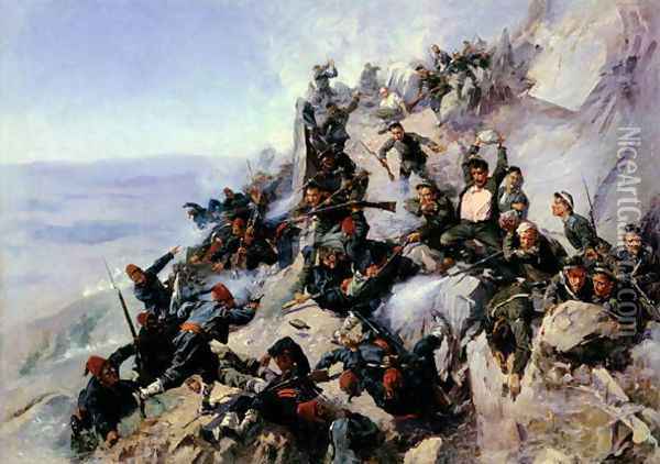 The Defence of the Eagle Aerie on the Shipka in 1877, 1893 Oil Painting - Andrei Nikolaevich Popov