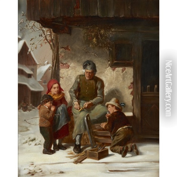 Repairing The Sledge Oil Painting - Charles Edouard Frere