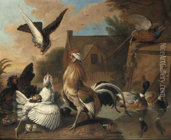 Hawk Attacking Poultry In A Farmyard Oil Painting - Pieter Casteels III