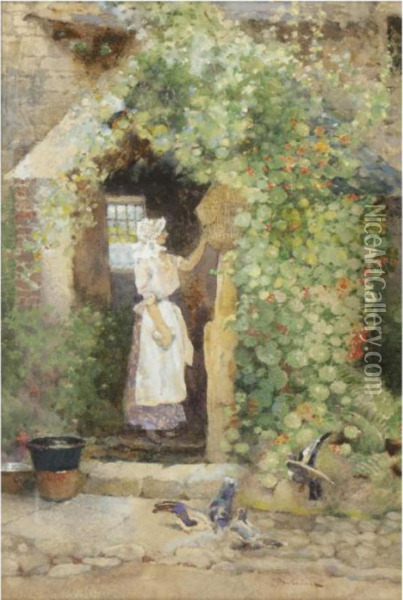 Feeding The Birds; At The Cottage Door Oil Painting - David Woodlock
