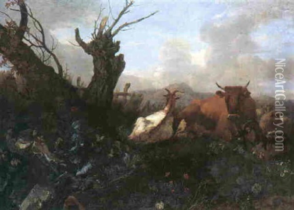A Cow, Goats And Sheep Resting In A Pastoral Landscape Oil Painting - Willem Romeyn