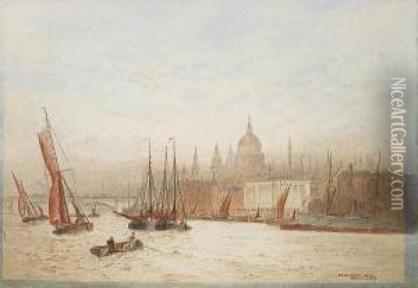 Below London Bridge; St Paul's From Bankside,a Pair Oil Painting - Frederick E.J. Goff