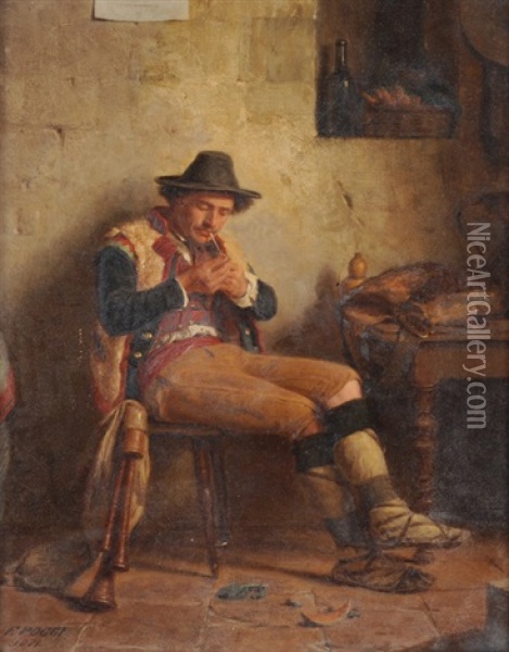 Pfeife Anzundender Mann Im Wirtshaus Oil Painting - Francois Poggi