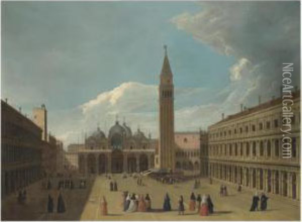 Venice, A View Of The Piazza San Marco, With Figures Gathered Roundan Artist Painting A Portrait On A Stage Oil Painting - Johann Richter