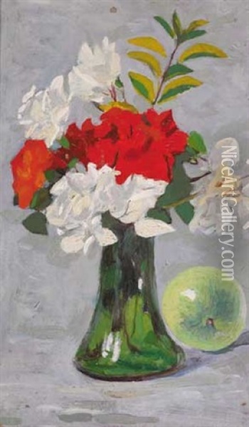 Orange And White Flowers In A Green, Bell-bottomed Vase Oil Painting - Michael Healy
