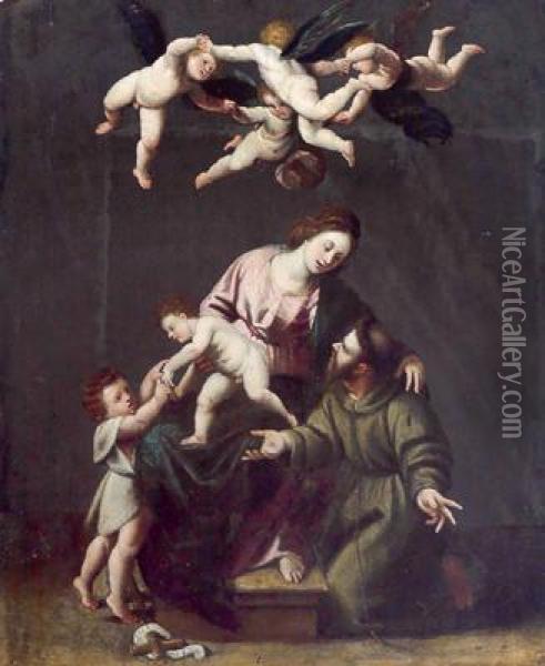 La Vergine Con Il Bambino E San Giovannino Appaiono A San Francesco Oil Painting - Alessandro Turchi