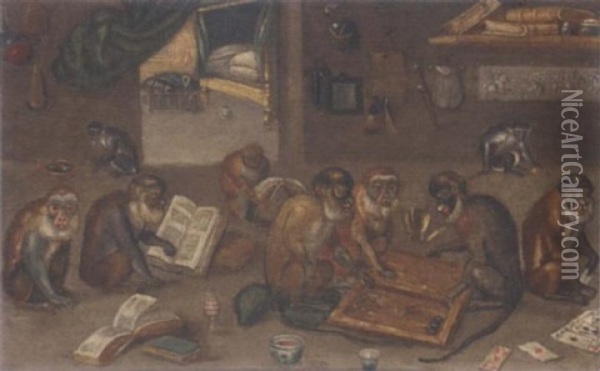 Monkeys Playing Backgammon, Cards And Reading Books In An Interior Oil Painting - Jan van Kessel the Elder