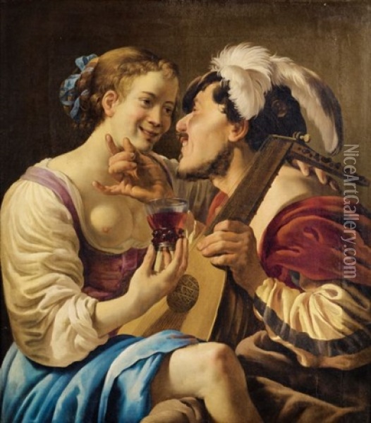 Scene Galante Avec Un Joueur De Luth Et Une Jeune Femme Tenant Un Roemer Oil Painting - Hendrick Ter Brugghen