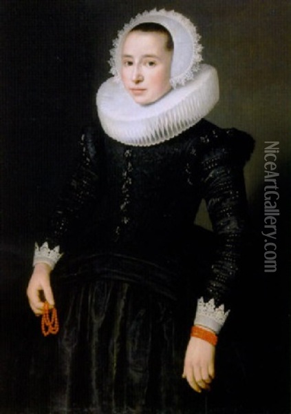 Portrait Of A Young Lady Wearing A Black Dress With Lace Cuffs And Molenkraag, Lace Bonnet And Red Corals In Her Right Hand Oil Painting - Nicolaes Eliasz Pickenoy