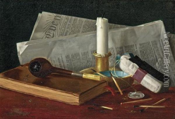 Still Life With Pipe, Candle And Newspaper Oil Painting - Claude Raguet Hirst