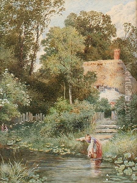 A Girl Drawing Water Before A Thatched Cottage Oil Painting - Myles Birket Foster