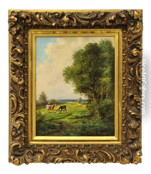 Untitled (grazing Cows In The Landscape) Oil Painting - Ludwig Knaus