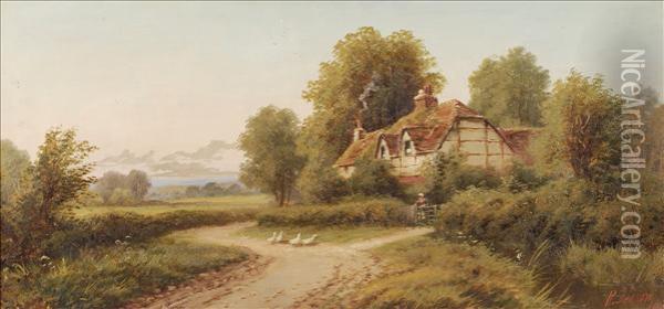 Ducks On A Country Track By A Cottage Oil Painting - Robert Robin Fenson