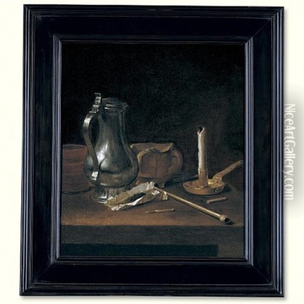 Toebackje Still Life With Pewter Jug, Tobacco, Pipe And Candle Oil Painting - Theodorus (Dirk) Smits