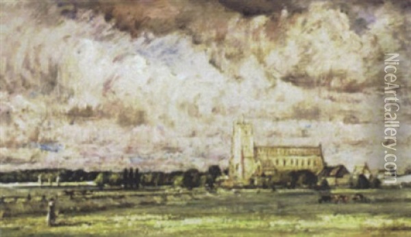Figure In Pasture With Church In Distance Oil Painting - David Thomas Muirhead