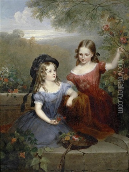 Two Young Girls Gathering Flowers Oil Painting - Charles Baxter