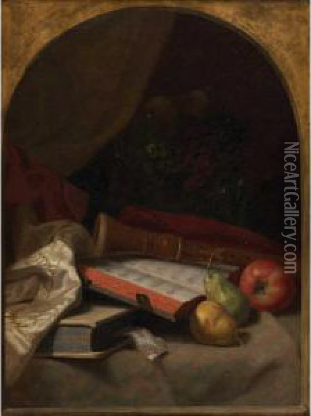 Still Life With Fruit, Book And Recorder Oil Painting - George Platt