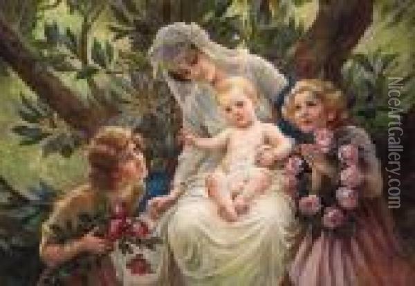 A Floral Tribute To A Mother And Child Oil Painting - Franz Dvorak