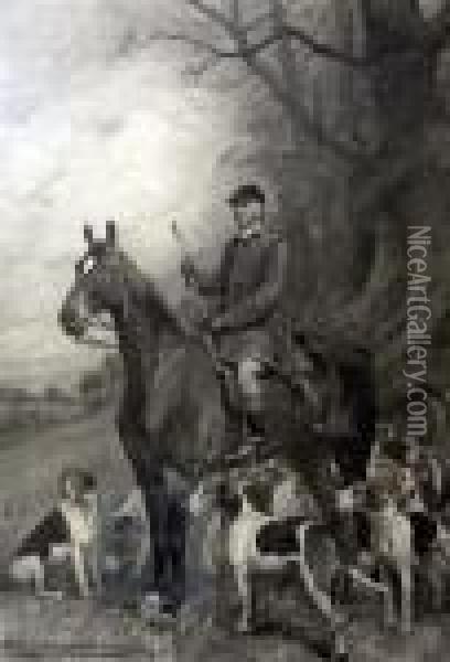And James Wilheim Brooke, Mounted Huntsman And Hounds Oil Painting - George Wright