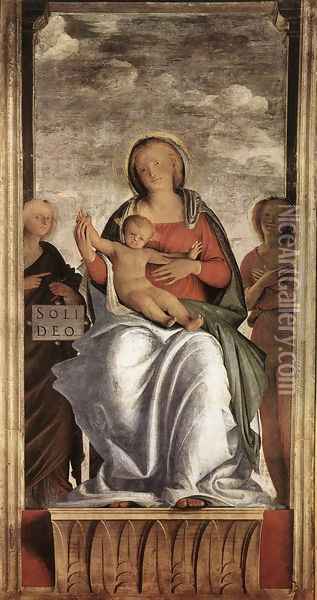 Madonna and Child with Two Angels c. 1508 Oil Painting - Bramantino (Bartolomeo Suardi)