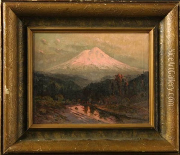 Mt. Shasta And Indian Encampent Along River Oil Painting - Harry Cassie Best
