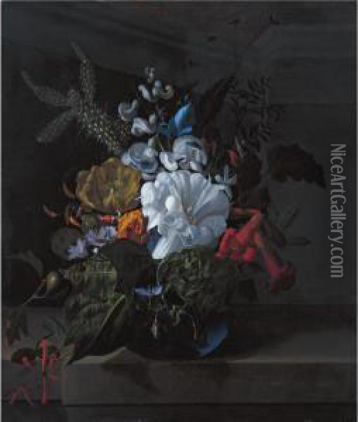 A Still Life With Devil's 
Trumpet, A Cactus, A Fig Branch, Honeysuckle And Other Flowers In A Blue
 Glass Vase Resting On A Ledge Oil Painting - Rachel Ruysch