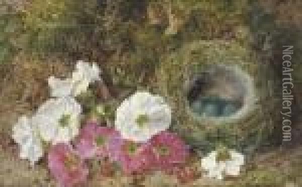 Pink And White Pansies And A 
Bird's Nest With Eggs On A Mossy Bank;and Plums, Raspberries And Crab 
Apples On A Mossy Bank Oil Painting - George Clare