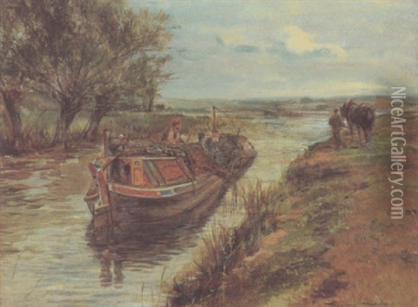 Barge On The Upper Thames Oil Painting - Heywood Hardy