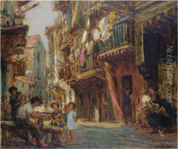 Busy Street Scene, Mahon Oil Painting - Gonzalo Bilbao Martinez