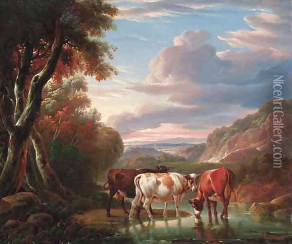 A mountainous river landscape with cattle watering by a pool Oil Painting - Charles Towne
