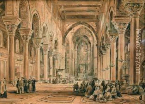 Interno Del Duomo Di Monreale A Palermo Oil Painting - Achille Vianelli