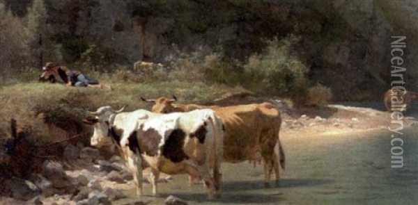 In Einem Gewasser Stehende Kuhe Oil Painting - Carl Roux