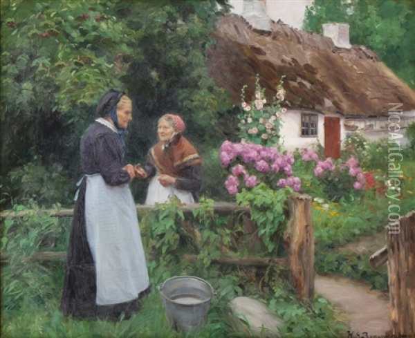 Two Old Ladies At A Garden Gate Oil Painting - Hans Andersen Brendekilde