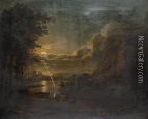 A Moonlit Landscape Oil Painting - Abraham Pether