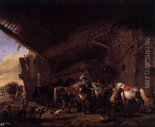 Coming out of an Inn Oil Painting - Philips Wouwerman