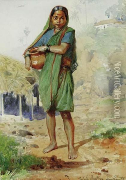 An Indian Girl Carrying A Water Vessel, Bombay Oil Painting - Horace Van Ruith