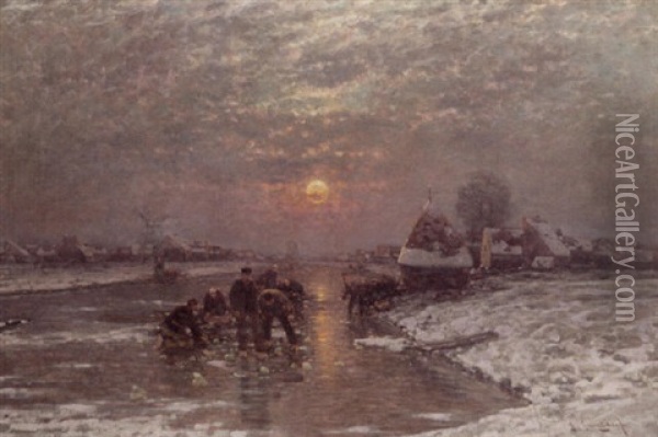 A Winter Landscape At Dusk Wiht Figures Fishing On The Ice Oil Painting - Johann Jungblut