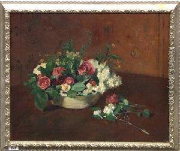Red Roses And White Carnations In A Bowl Oil Painting - Henry Thomas Schafer