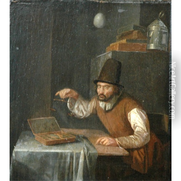 A Man Weighing Gold Oil Painting - Egbert van Heemskerck the Elder