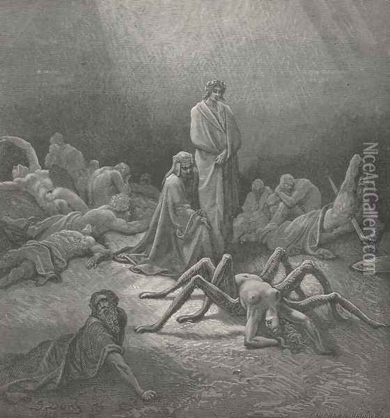 O fond Arachne! thee I also saw (Canto XII., line 43) Oil Painting - Gustave Dore