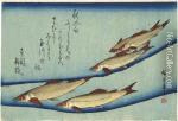 A Design Of A Shoal Of Fishes From A Large Fish Series, Signed Oil Painting - Utagawa or Ando Hiroshige